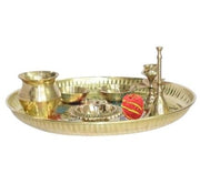 BRACOP® Brass Pooja Thali Indian Aarti Thali Pooja Samagri Decorative Plate Puja Thali Religious Items Home Temple Accessories Round Shape Serving Platters Gifts Set Of 5 Pcs Diwali Gifts