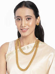 Aheli Wedding Wear Gold Tone Goddess Engraved on Coin Long Necklace Set South Indian Traditional Bollywood Fashion Jewelry Set for Women