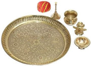 Universal Hub Pooja Thali Set Of 5 Pcs Serving Plate Decorative Tray Indian Puja Items Aarti Plate For Temple, Wedding Home Décor Mandir Brass Tika Thali Wedding Thali Decoration Diwali Gifts