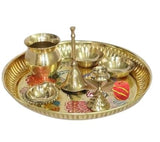 BRACOP® Brass Pooja Thali Indian Aarti Thali Pooja Samagri Decorative Plate Puja Thali Religious Items Home Temple Accessories Round Shape Serving Platters Gifts Set Of 5 Pcs Diwali Gifts