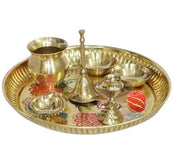 BRACOP® Brass Pooja Thali Indian Aarti Thali Pooja Samagri Decorative Plate Puja Thali Religious Items Home Temple Accessories Round Shape Serving Platters Gifts Set Of 5 Pcs Diwali Gifts