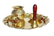 BRACOP® Brass Pooja Thali Indian Aarti Thali Pooja Samagri Decorative Plate Puja Thali Religious Items Home Temple Accessories Round Shape Serving Platters Gifts Set Of 5 Pcs Diwali Gifts