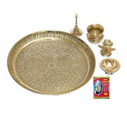 BRACOP® Brass Pooja Thali Indian Aarti Thali Pooja Samagri Decorative Plate Puja Thali Religious Items Home Temple Accessories Round Shape Serving Platters Gifts Set Of 5 Pcs Diwali Gifts