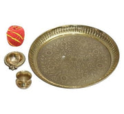 BRACOP® Brass Pooja Thali Indian Aarti Thali Pooja Samagri Decorative Plate Puja Thali Religious Items Home Temple Accessories Round Shape Serving Platters Gifts Set Of 5 Pcs Diwali Gifts