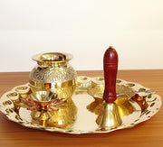 BRACOP® Brass Pooja Thali Indian Aarti Thali Pooja Samagri Decorative Plate Puja Thali Religious Items Home Temple Accessories Round Shape Serving Platters Gifts Set Of 5 Pcs Diwali Gifts
