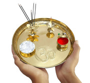 BRACOP® Brass Pooja Thali Indian Aarti Thali Pooja Samagri Decorative Plate Puja Thali Religious Items Home Temple Accessories Round Shape Serving Platters Gifts Set Of 5 Pcs Diwali Gifts
