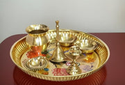 BRACOP® Brass Pooja Thali Indian Aarti Thali Pooja Samagri Decorative Plate Puja Thali Religious Items Home Temple Accessories Round Shape Serving Platters Gifts Set Of 5 Pcs Diwali Gifts