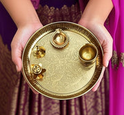 BRACOP® Brass Pooja Thali Indian Aarti Thali Pooja Samagri Decorative Plate Puja Thali Religious Items Home Temple Accessories Round Shape Serving Platters Gifts Set Of 5 Pcs Diwali Gifts