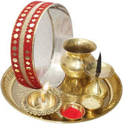 LAKSHMI'S EAGLE Pooja Thali Set Of 7 Pcs Indian Decorative Puja Items Aarti Plate For Temple, Wedding Home Décor Karwachauth Thali Set Brass Tika Thali Diwali Decoration Gifts