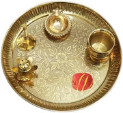 Universal Hub Pooja Thali Set Of 5 Pcs Serving Plate Decorative Tray Indian Puja Items Aarti Plate For Temple, Wedding Home Décor Mandir Brass Tika Thali Wedding Thali Decoration Diwali Gifts