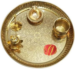 Universal Hub Pooja Thali Set Of 5 Pcs Serving Plate Decorative Tray Indian Puja Items Aarti Plate For Temple, Wedding Home Décor Mandir Brass Tika Thali Wedding Thali Decoration Diwali Gifts