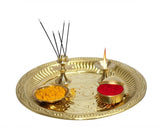 BRACOP® Brass Pooja Thali Indian Aarti Thali Pooja Samagri Decorative Plate Puja Thali Religious Items Home Temple Accessories Round Shape Serving Platters Gifts Set Of 5 Pcs Diwali Gifts
