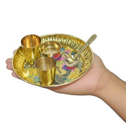 BRACOP® Brass Pooja Thali Indian Aarti Thali Pooja Samagri Decorative Plate Puja Thali Religious Items Home Temple Accessories Round Shape Serving Platters Gifts Set Of 5 Pcs Diwali Gifts