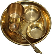 BRACOP® Brass Pooja Thali Indian Aarti Thali Pooja Samagri Decorative Plate Puja Thali Religious Items Home Temple Accessories Round Shape Serving Platters Gifts Set Of 5 Pcs Diwali Gifts