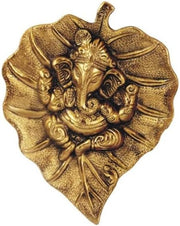 Crafts of India Leaf Shaped Divine Ganesha Brass Statue Sculpture with Spiritual Ganesha Art Print Poster (Golden)