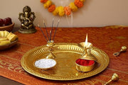 BRACOP® Brass Pooja Thali Indian Aarti Thali Pooja Samagri Decorative Plate Puja Thali Religious Items Home Temple Accessories Round Shape Serving Platters Gifts Set Of 5 Pcs Diwali Gifts
