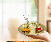 BRACOP® Brass Pooja Thali Indian Aarti Thali Pooja Samagri Decorative Plate Puja Thali Religious Items Home Temple Accessories Round Shape Serving Platters Gifts Set Of 5 Pcs Diwali Gifts