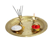 BRACOP® Brass Pooja Thali Indian Aarti Thali Pooja Samagri Decorative Plate Puja Thali Religious Items Home Temple Accessories Round Shape Serving Platters Gifts Set Of 5 Pcs Diwali Gifts