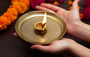 BRACOP® Brass Pooja Thali Indian Aarti Thali Pooja Samagri Decorative Plate Puja Thali Religious Items Home Temple Accessories Round Shape Serving Platters Gifts Set Of 5 Pcs Diwali Gifts