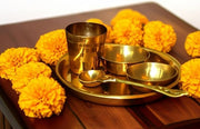 BRACOP® Brass Pooja Thali Indian Aarti Thali Pooja Samagri Decorative Plate Puja Thali Religious Items Home Temple Accessories Round Shape Serving Platters Gifts Set Of 5 Pcs Diwali Gifts