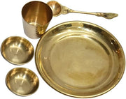 BRACOP® Brass Pooja Thali Indian Aarti Thali Pooja Samagri Decorative Plate Puja Thali Religious Items Home Temple Accessories Round Shape Serving Platters Gifts Set Of 5 Pcs Diwali Gifts
