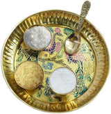 BRACOP® Brass Pooja Thali Indian Aarti Thali Pooja Samagri Decorative Plate Puja Thali Religious Items Home Temple Accessories Round Shape Serving Platters Gifts Set Of 5 Pcs Diwali Gifts
