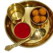 BRACOP® Brass Pooja Thali Indian Aarti Thali Pooja Samagri Decorative Plate Puja Thali Religious Items Home Temple Accessories Round Shape Serving Platters Gifts Set Of 5 Pcs Diwali Gifts