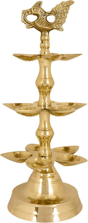 SATVIK 1 Pc Brass Panchmukhi Peacock Kerala Samai Puja Diya Kutthu Vilakku Oil Lamp Pooja 2 Step Diya Engraved Design Deepak Indian Diwali Pooja Home Mandir Office Decor Housewarming Return Gift Items