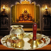 BRACOP® Brass Pooja Thali Indian Aarti Thali Pooja Samagri Decorative Plate Puja Thali Religious Items Home Temple Accessories Round Shape Serving Platters Gifts Set Of 5 Pcs Diwali Gifts