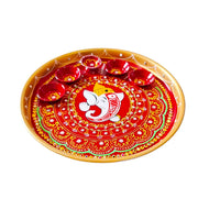 Decorative Pooja Thali with Bowl and Diya Plate Platter Decorative Steel Puja Thali with Essential Pooja Article Traditional Karwachauth Diwali Decorations Aarti Festival (Size:- 10