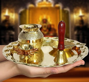 BRACOP® Brass Pooja Thali Indian Aarti Thali Pooja Samagri Decorative Plate Puja Thali Religious Items Home Temple Accessories Round Shape Serving Platters Gifts Set Of 5 Pcs Diwali Gifts
