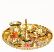 BRACOP® Brass Pooja Thali Indian Aarti Thali Pooja Samagri Decorative Plate Puja Thali Religious Items Home Temple Accessories Round Shape Serving Platters Gifts Set Of 5 Pcs Diwali Gifts