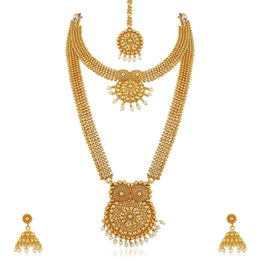 Aheli Wedding Wear Gold Tone Goddess Engraved on Coin Long Necklace Set South Indian Traditional Bollywood Fashion Jewelry Set for Women