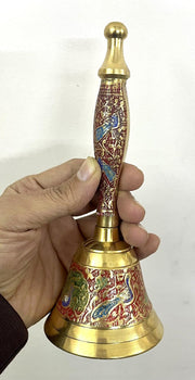 Crafts of India Meenakari Decorative Hand held Jingle Bells for Christmas Pooja Prayer Worship Bell - (7 Inch) - Red