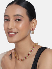 Aheli Beautiful Wedding Wear Indian Laxmi Goddess Faux Stone Studded Floral Design Crafted Necklace Earrings Set Ethnic Fashion Jewelry for Women