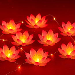 Diwali String Lights Lotus Flower Diya LED Diwali Pooja Item Indian Home Office Mandir Puja Decor 10 Sleeping Lotus Per String Fairy Lights Battery Operated for Indoor Outdoor Diya Party Home Window