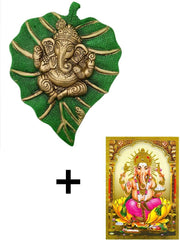 Crafts of India Leaf Shaped Divine Ganesha Brass Statue Sculpture with Spiritual Ganesha Art Print Poster (Golden)