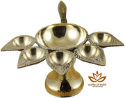 Crafts of India Handheld Brass Panch Diya/Oil Lamp for Puja Aarti for Diwali/Navratri Festival & Pooja