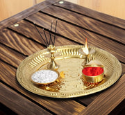 BRACOP® Brass Pooja Thali Indian Aarti Thali Pooja Samagri Decorative Plate Puja Thali Religious Items Home Temple Accessories Round Shape Serving Platters Gifts Set Of 5 Pcs Diwali Gifts