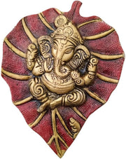 Crafts of India Leaf Shaped Divine Ganesha Brass Statue Sculpture with Spiritual Ganesha Art Print Poster (Golden)