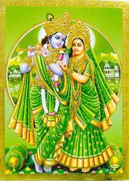 Crafts of India Divine Lovers: Radha Krishna Poster/Reprint Hindu God Picture with Golden Foil (Unframed : Size 5