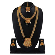 Aheli Wedding Wear Gold Tone Goddess Engraved on Coin Long Necklace Set South Indian Traditional Bollywood Fashion Jewelry Set for Women