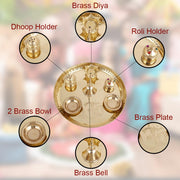 Hashcart Pooja Brass Plate Set (Dia - 8.85 in) | Indian Decorative Puja Items/Aarti Thali for Temple | Mandir | Diwali Decoration | Wedding | Home Decor