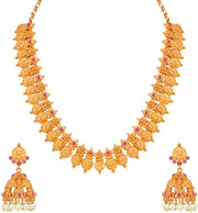 Aheli Beautiful Wedding Wear Indian Laxmi Goddess Faux Stone Studded Floral Design Crafted Necklace Earrings Set Ethnic Fashion Jewelry for Women