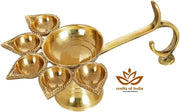 Crafts of India Handheld Brass Panch Diya/Oil Lamp for Puja Aarti for Diwali/Navratri Festival & Pooja