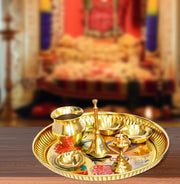 BRACOP® Brass Pooja Thali Indian Aarti Thali Pooja Samagri Decorative Plate Puja Thali Religious Items Home Temple Accessories Round Shape Serving Platters Gifts Set Of 5 Pcs Diwali Gifts