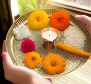 BRACOP® Brass Pooja Thali Indian Aarti Thali Pooja Samagri Decorative Plate Puja Thali Religious Items Home Temple Accessories Round Shape Serving Platters Gifts Set Of 5 Pcs Diwali Gifts