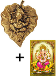 Crafts of India Leaf Shaped Divine Ganesha Brass Statue Sculpture with Spiritual Ganesha Art Print Poster (Golden)