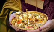 BRACOP® Brass Pooja Thali Indian Aarti Thali Pooja Samagri Decorative Plate Puja Thali Religious Items Home Temple Accessories Round Shape Serving Platters Gifts Set Of 5 Pcs Diwali Gifts