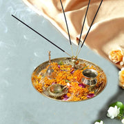 BRACOP® Brass Pooja Thali Indian Aarti Thali Pooja Samagri Decorative Plate Puja Thali Religious Items Home Temple Accessories Round Shape Serving Platters Gifts Set Of 5 Pcs Diwali Gifts